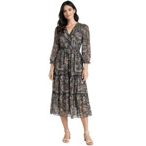 Kate & Lily Paisley Semi-Sheer Midi Dress Size 4 Boho Tiered Elastic Waist